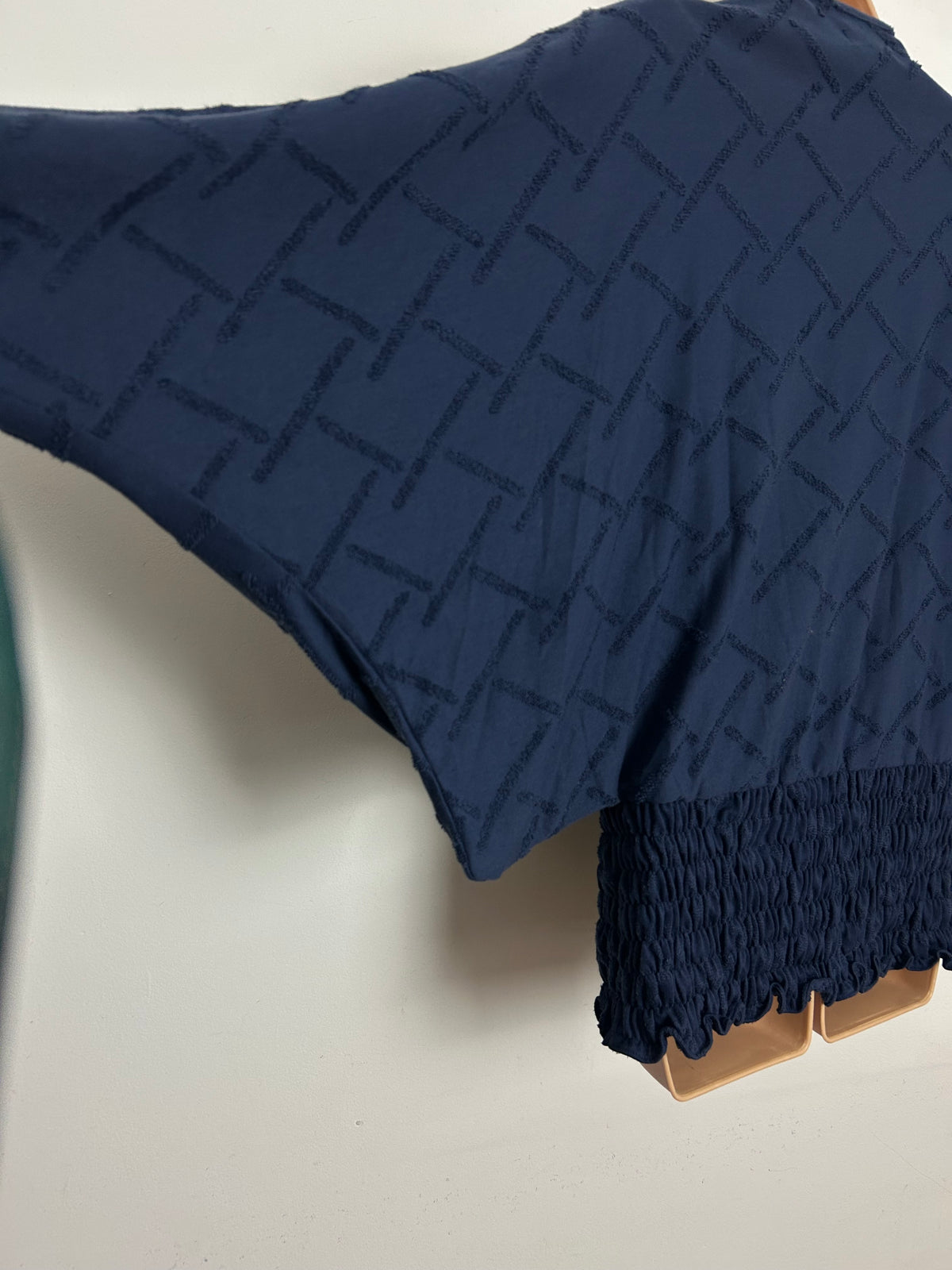 Vintage 1980s Size 16 Navy Blue Textured Cotton Bat Wing Shirred Waist Top