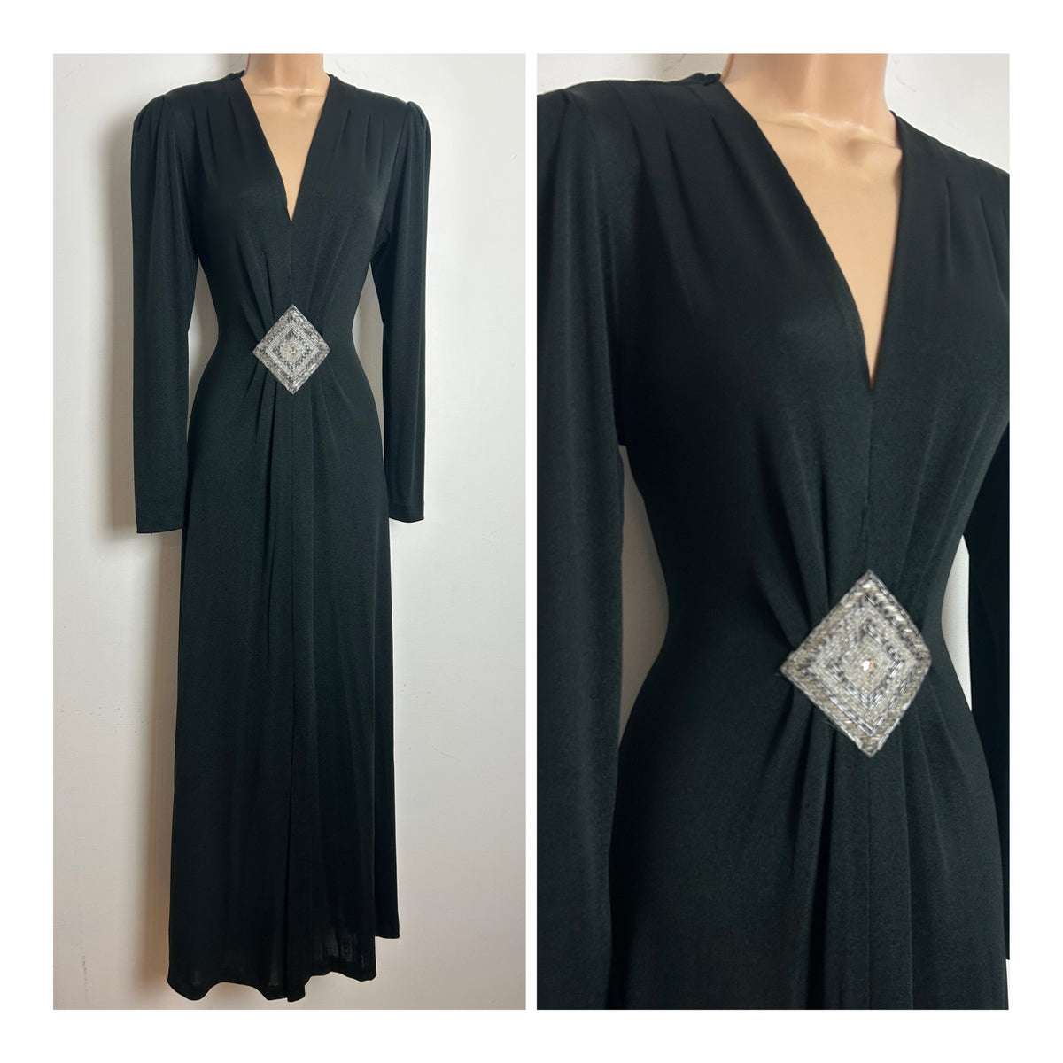 Vintage 1970s JOY STEVENS Size 12 Black Bead Embellished Long Sleeve Evening Maxi Dress