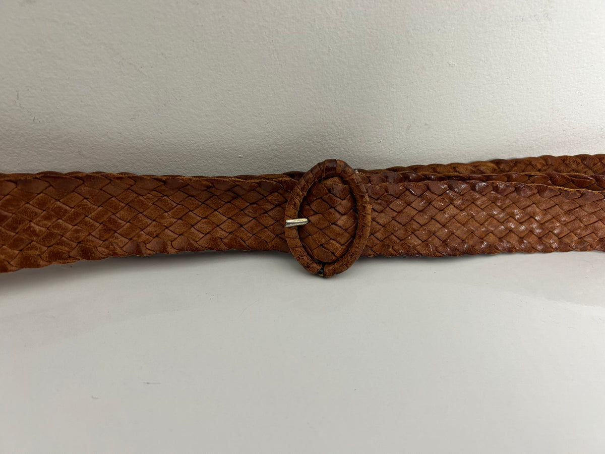 Vintage 1970s Tan Brown Leather Woven Belt Up To 36" Waist