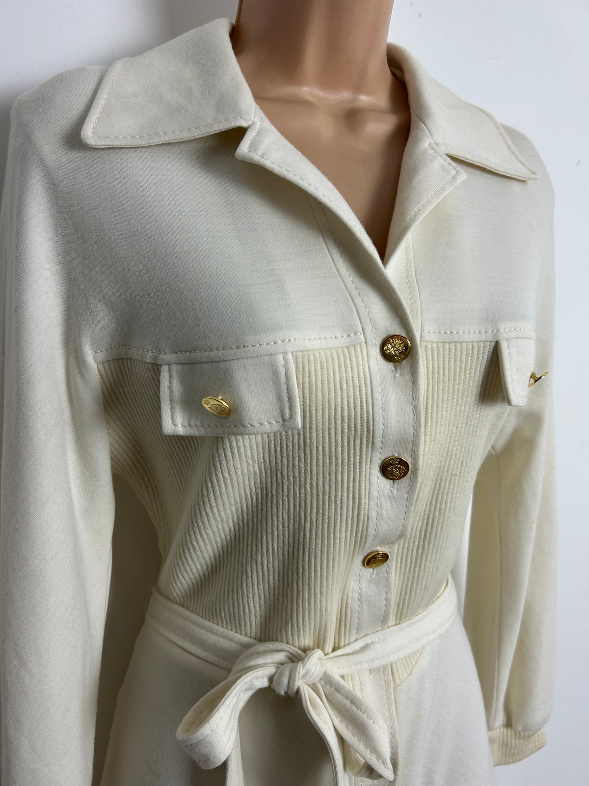 Vintage 1970s Size 12 Cream Ribbed Pocket Detail 100% Pure Wool Belted Mod Day Dress