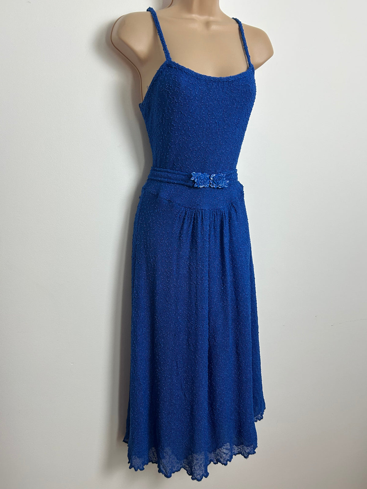 Vintage Late 1970s Size 10-12 Royal Blue Flower Buckle Strappy Summer Day Dress
