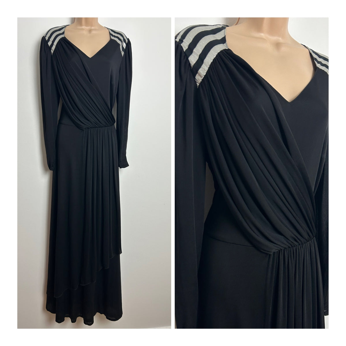 Vintage 1970s VERA MONT PARIS Size 12-14 Black & Silver Stripe Detail Mock Wrap Occasion Evening Maxi Dress
