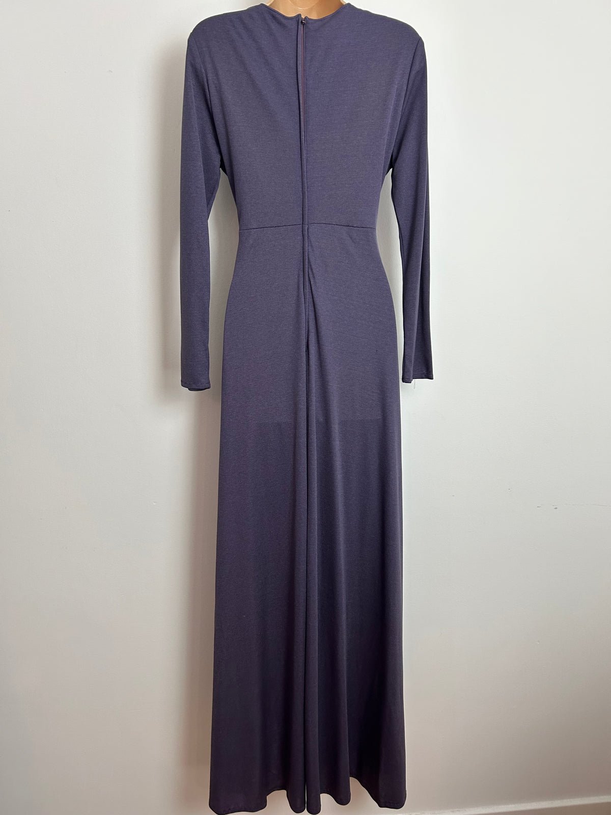 Vintage 1970s SHELANA Size 12 Mauve Grey Long Sleeve Plaited Detail Long Sleeve Maxi Dress