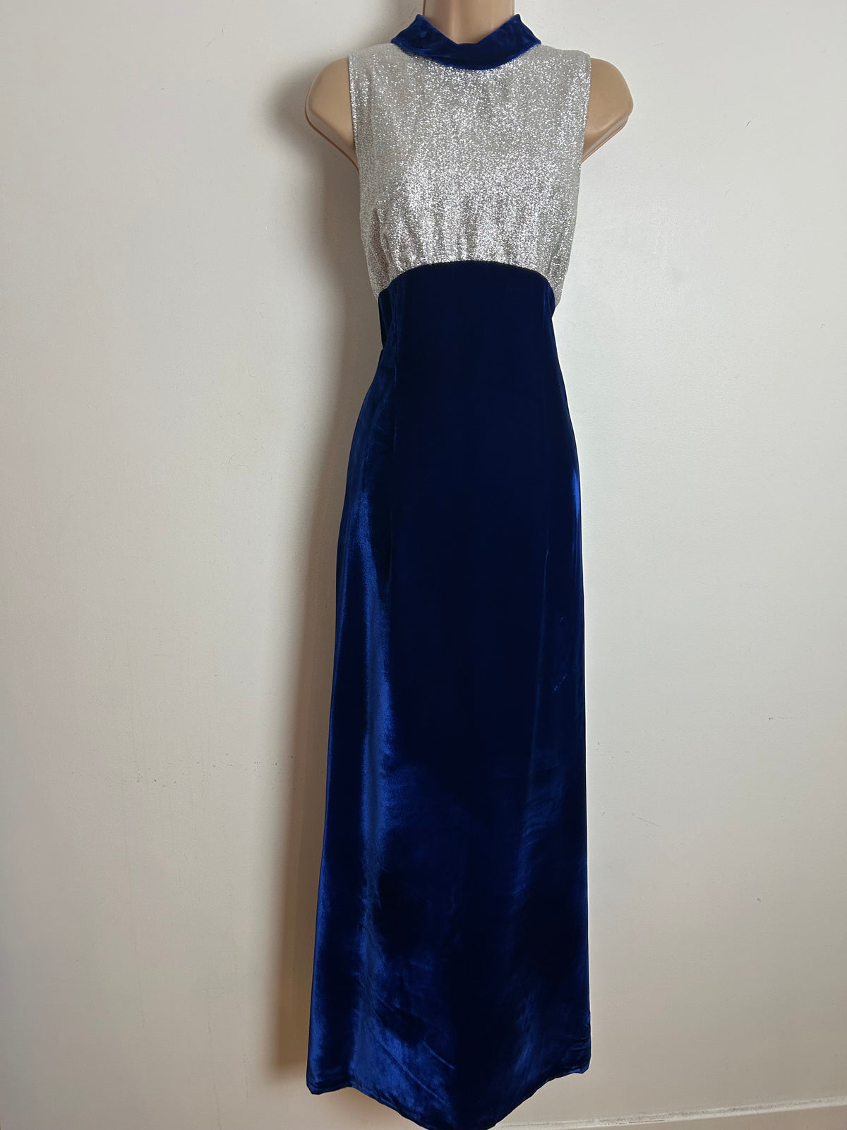 Vintage 1960s MURIEL SPENCER Size 10 Midnight Blue & Silver Lurex Occasion Evening Maxi Dress