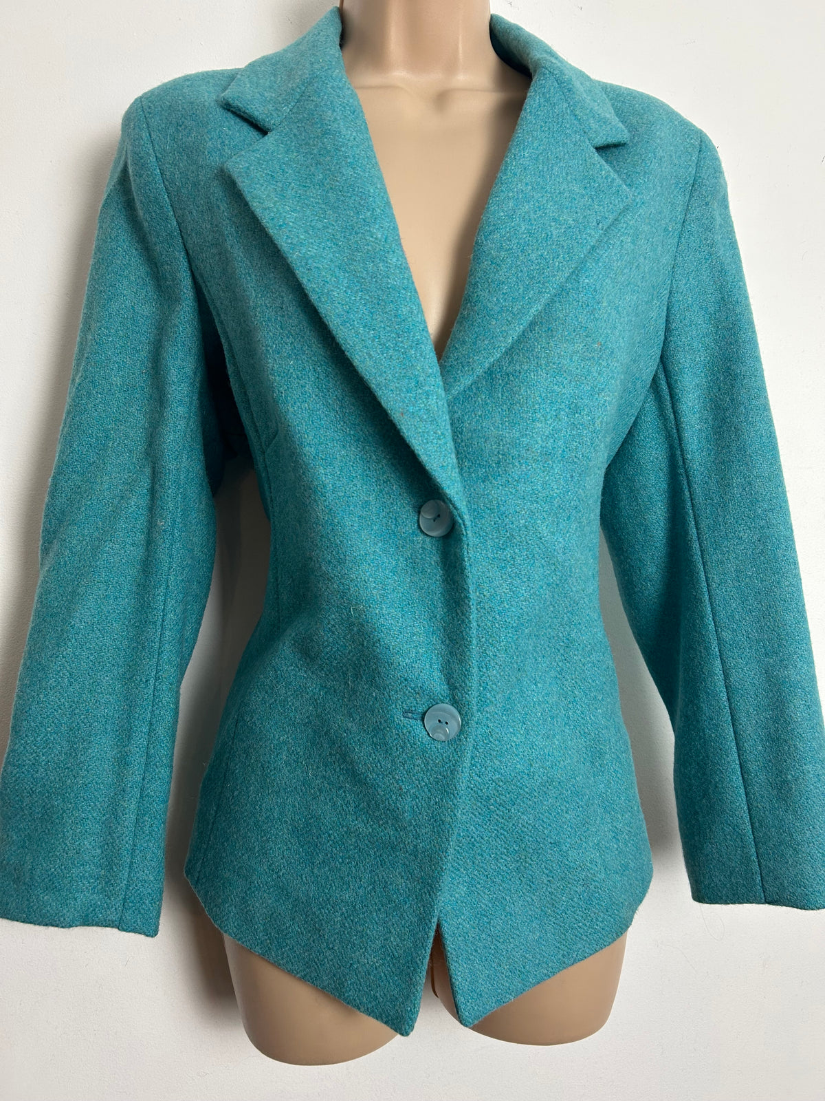 Vintage 1980s Size 14 Turquoise Wool Blend Fully Lined Blazer