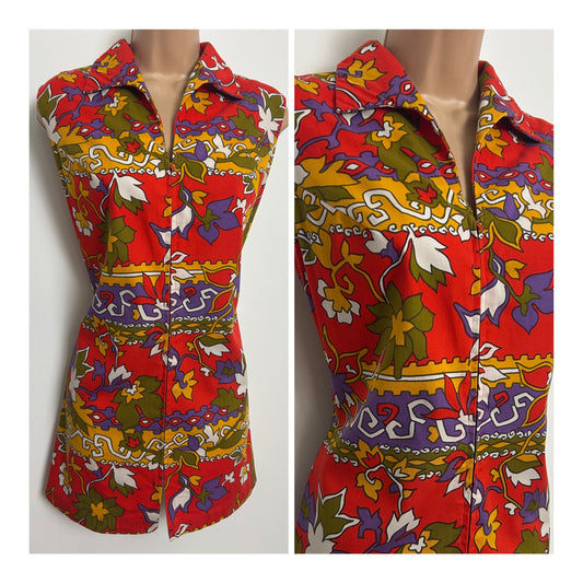 Vintage 1960s Size 12 Red Green Mustard & Purple Floral Print Micro Mini Mod Cotton Shift Dress