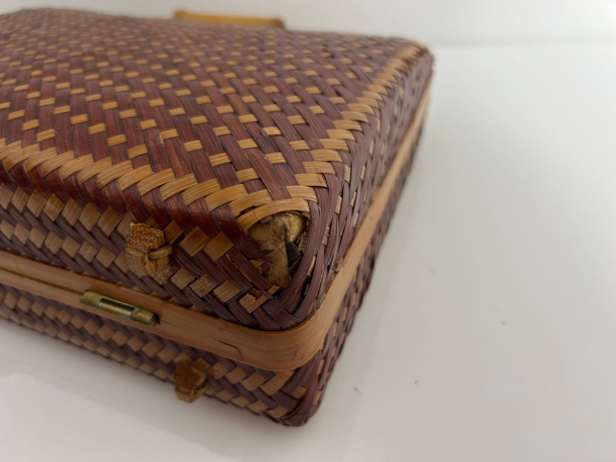 Vintage 1950s Peoples Republic Of China Brown & Tan Wicker Woven Box Style Handbag