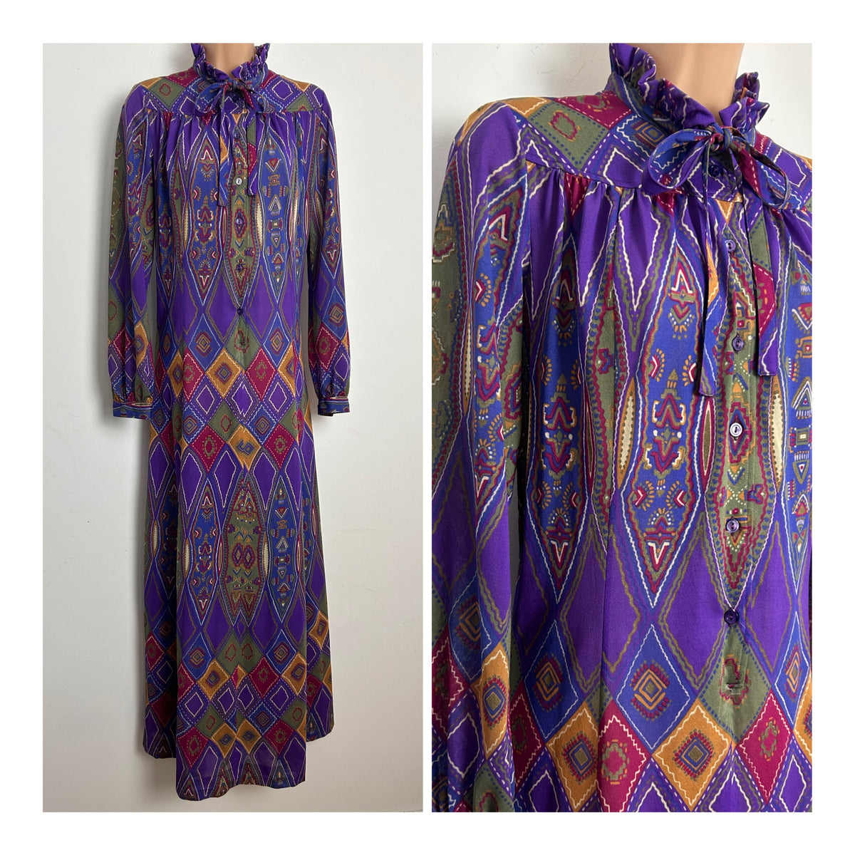 Vintage 1970s GIOVANNOZZI Size 14-16 Purple Mustard & Pink Abstract Diamond Print Long Sleeve Maxi Dress