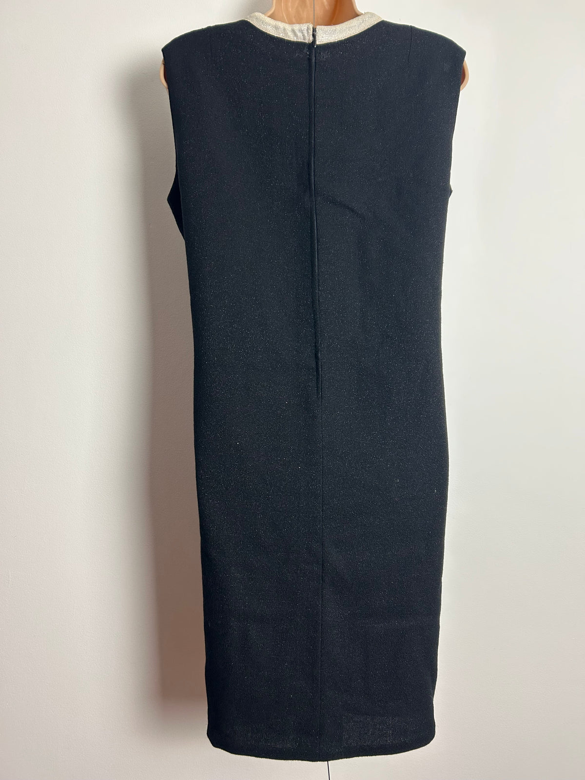 Vintage 1960s UK Size 12-14 Black Notch Neck Sleeveless Glittery Mod Shift Dress