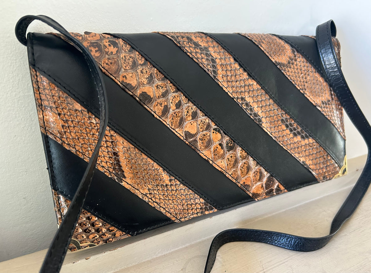 Vintage Black & Brown Reptile Stripe Pattern Clutch or Shoulder Bag