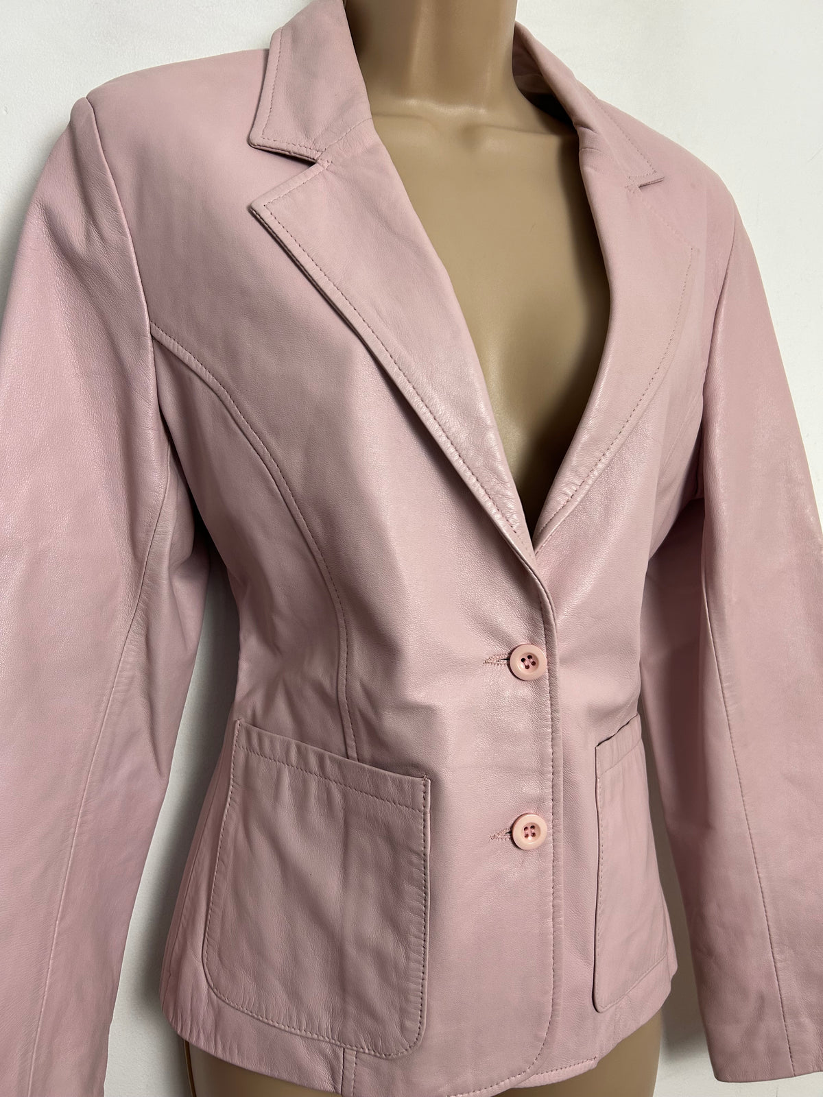 Vintage Late 80s/Early 90s UK Size 10-12 Pale Pink Pocket Detail Blazer Style Leather Jacket