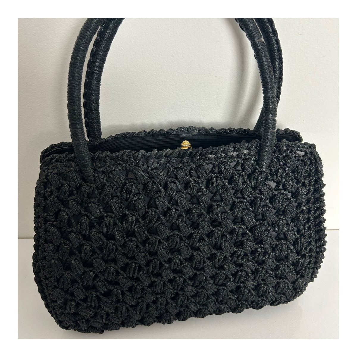 Vintage 1960s Gorgeous Black Crochet Woven Style Top Handle Kelly Style Handbag