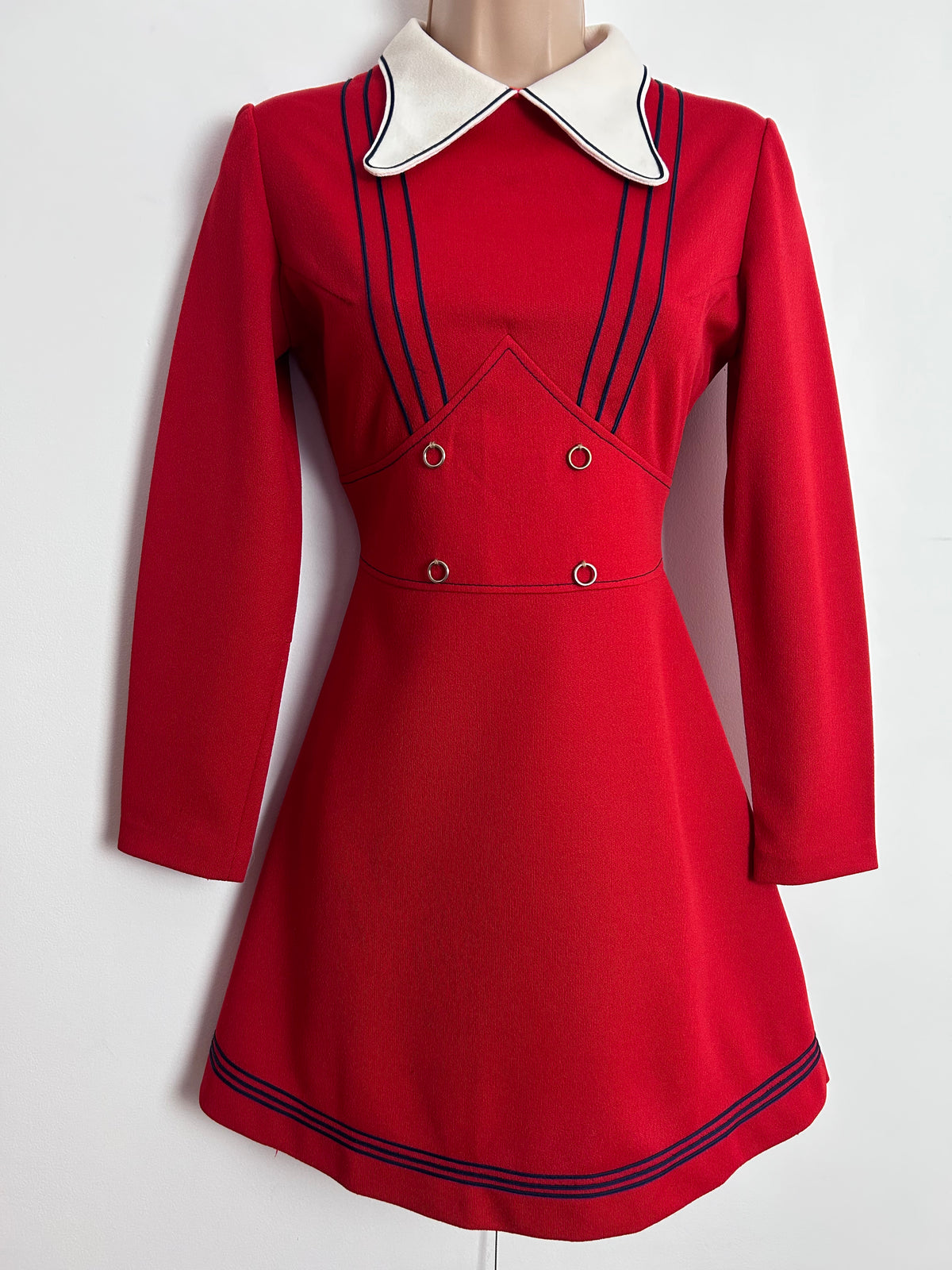 Vintage 1960s UK Size 8 Cute Red Beagle Collar Long Sleeve Mini Mod Dress