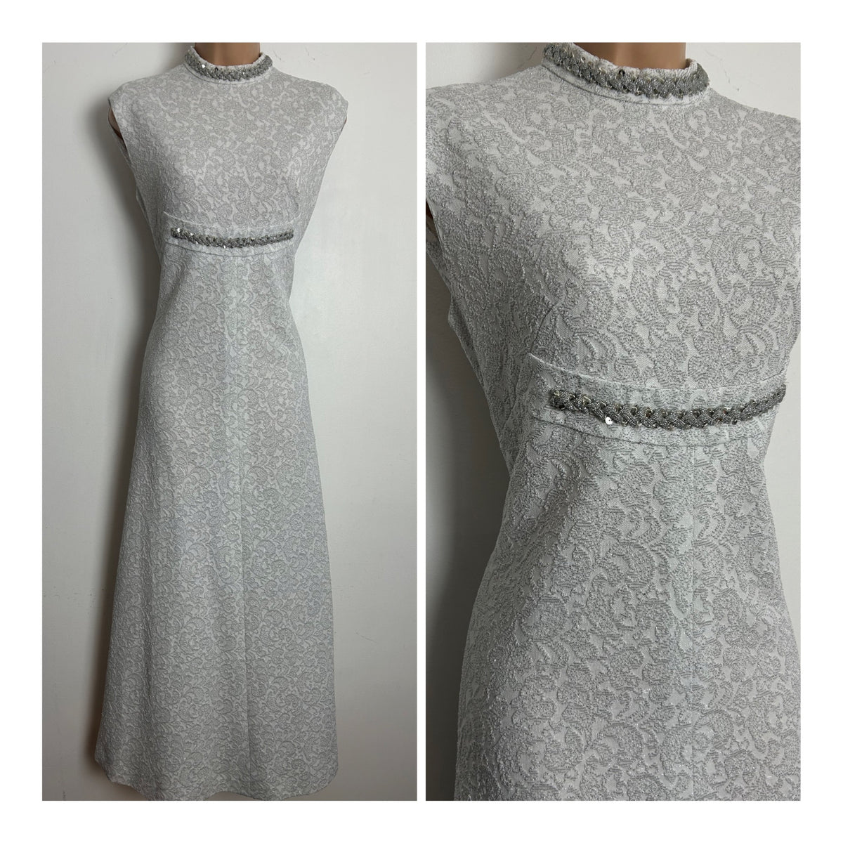 Vintage 1960s Size 12 White & Metallic Silver Braid Trim Crimplene Occasion Evening Maxi Dress