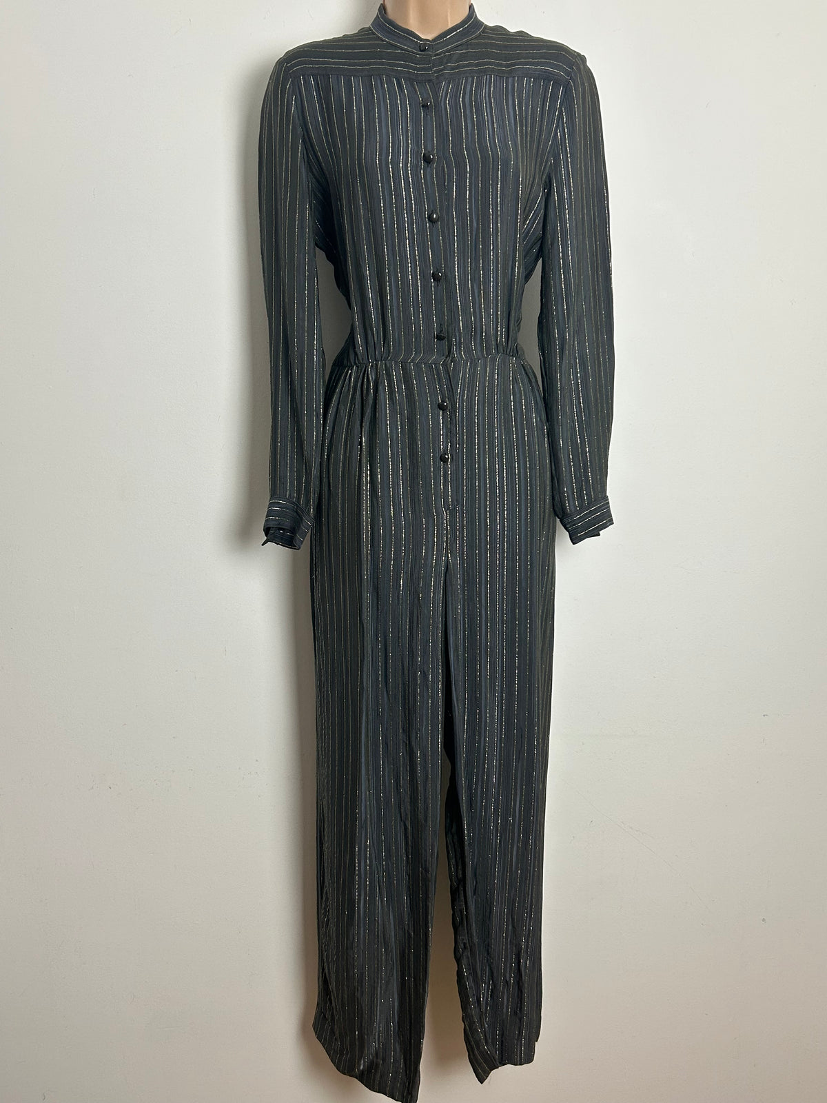 Vintage 1980s COUNTRY CASUALS Size 10 Dark Grey & Gold Pinstripe Long Sleeve Jumpsuit