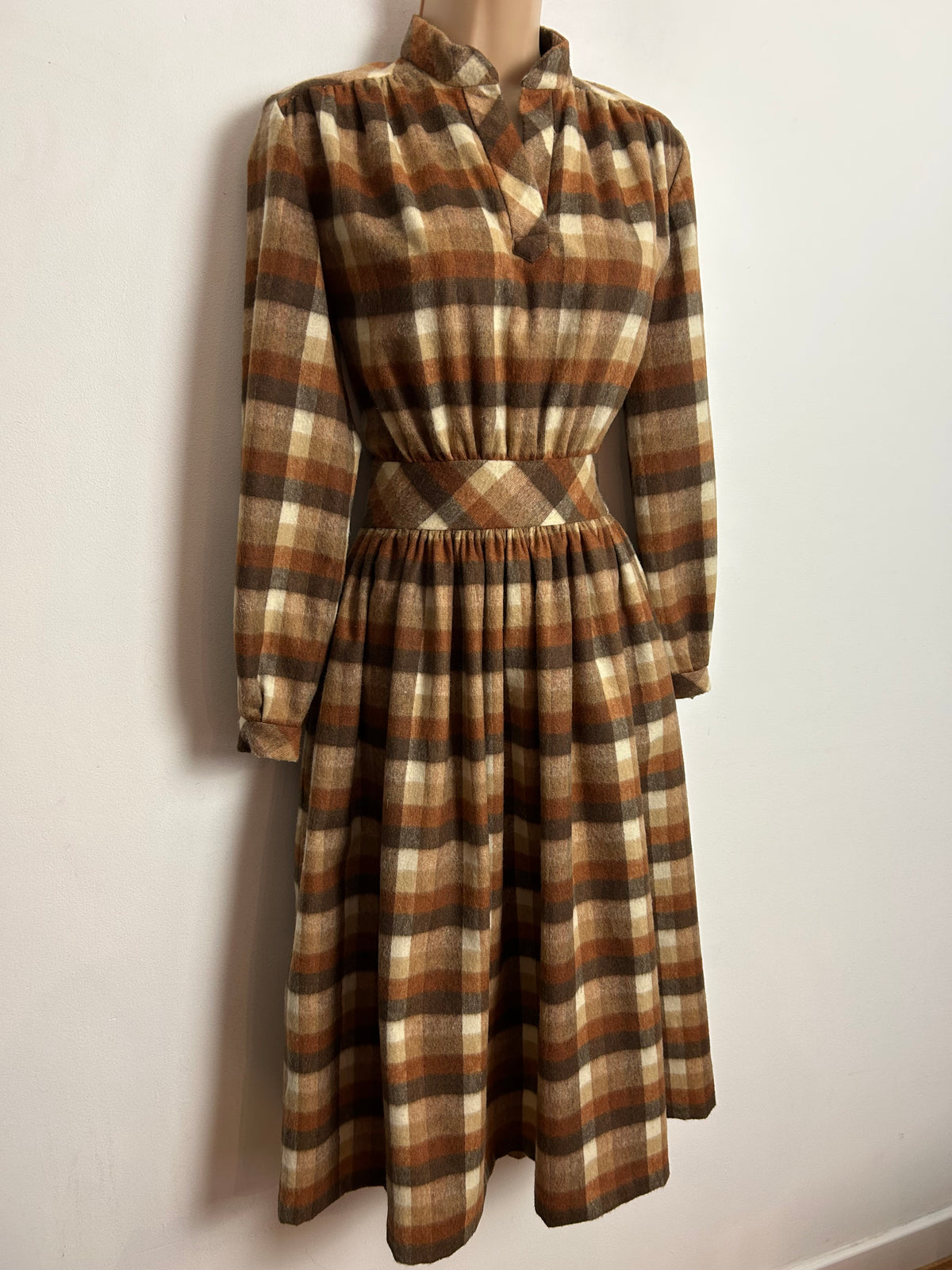 Vintage Late 1970s UK Size 10 Brown & Beige Tones Check Pattern Wool Mix Long Sleeve Dress