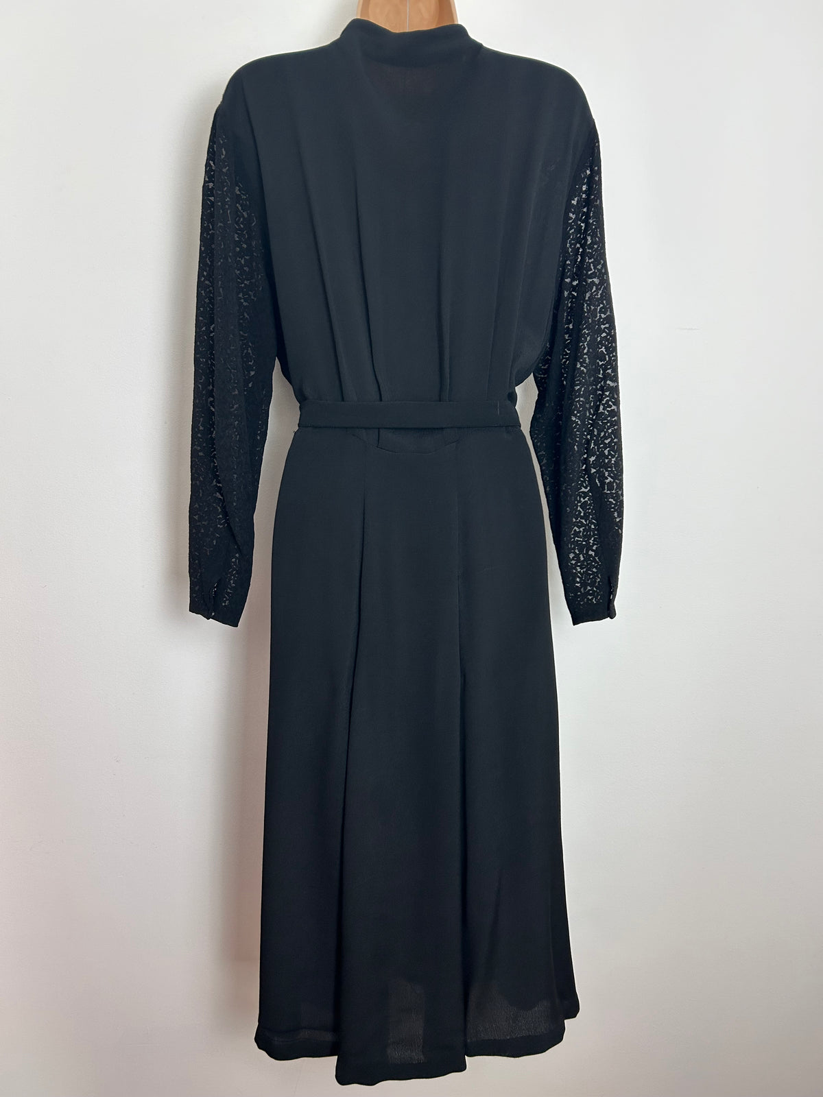 Vintage 1940s Size 14 Black Rayon Burn Out/Devore Long Sleeve Belted WW2 Era Tea Dress
