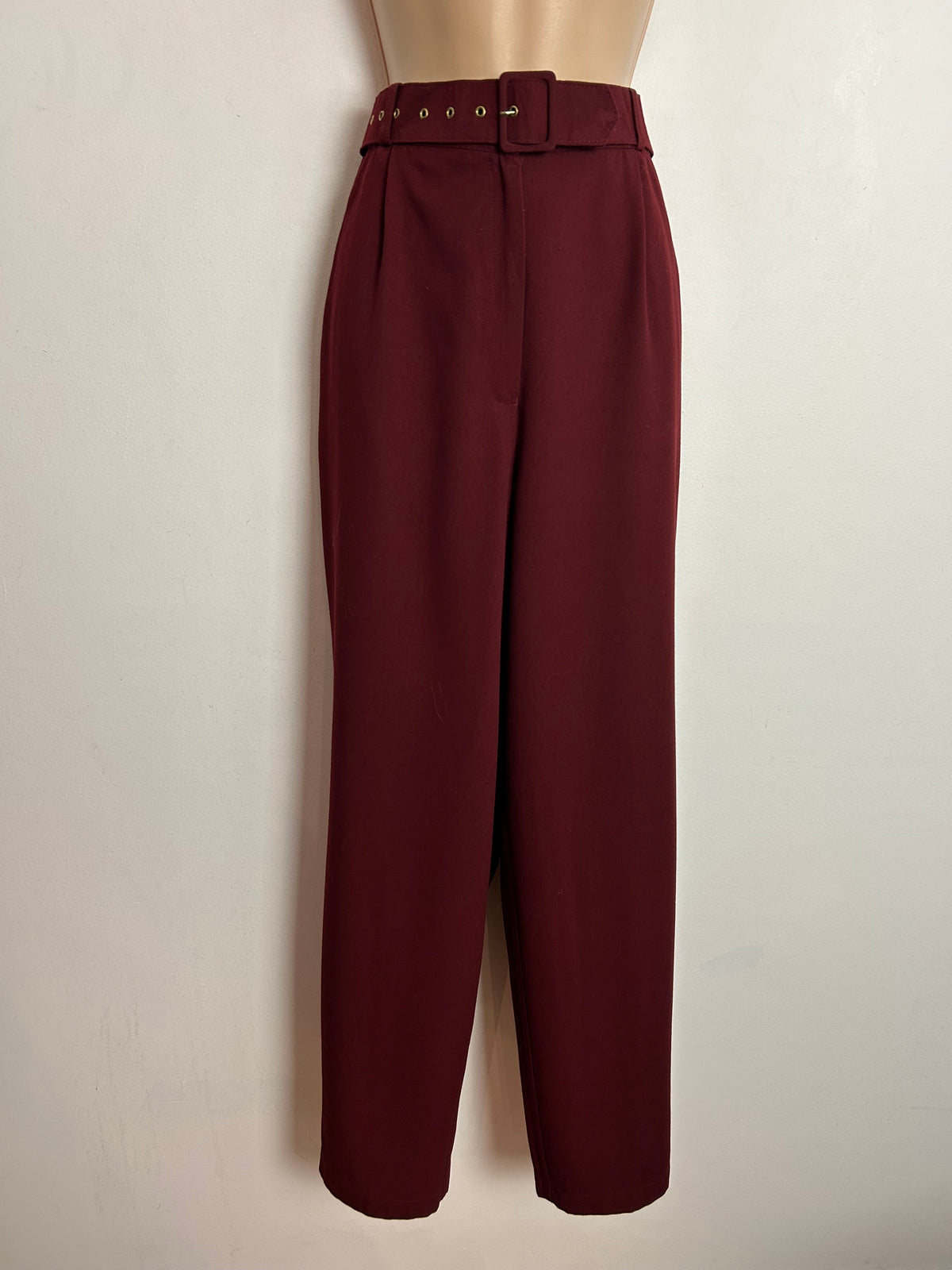 Vintage 1980s UK Size 12 Burgundy Straight Leg Wool Mix Trousers