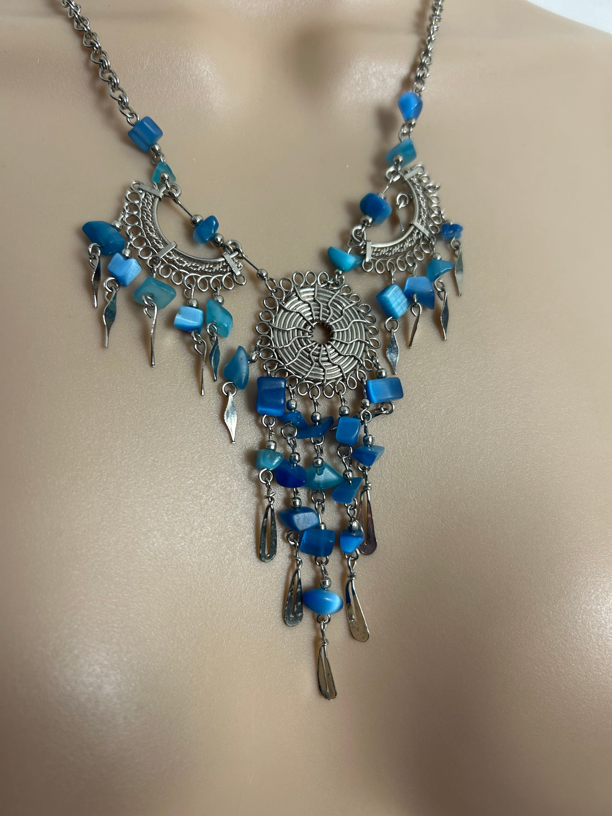 Vintage Silver Tone & Blue Glass Bead Dream Catcher Design Necklace
