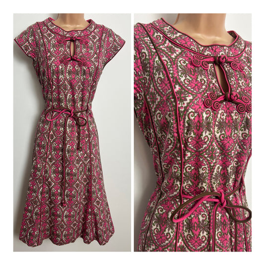 Vintage 1960s Made In Thailand Size 8 Beautiful Pink Floral Batik Print Cotton Belted Day Dress