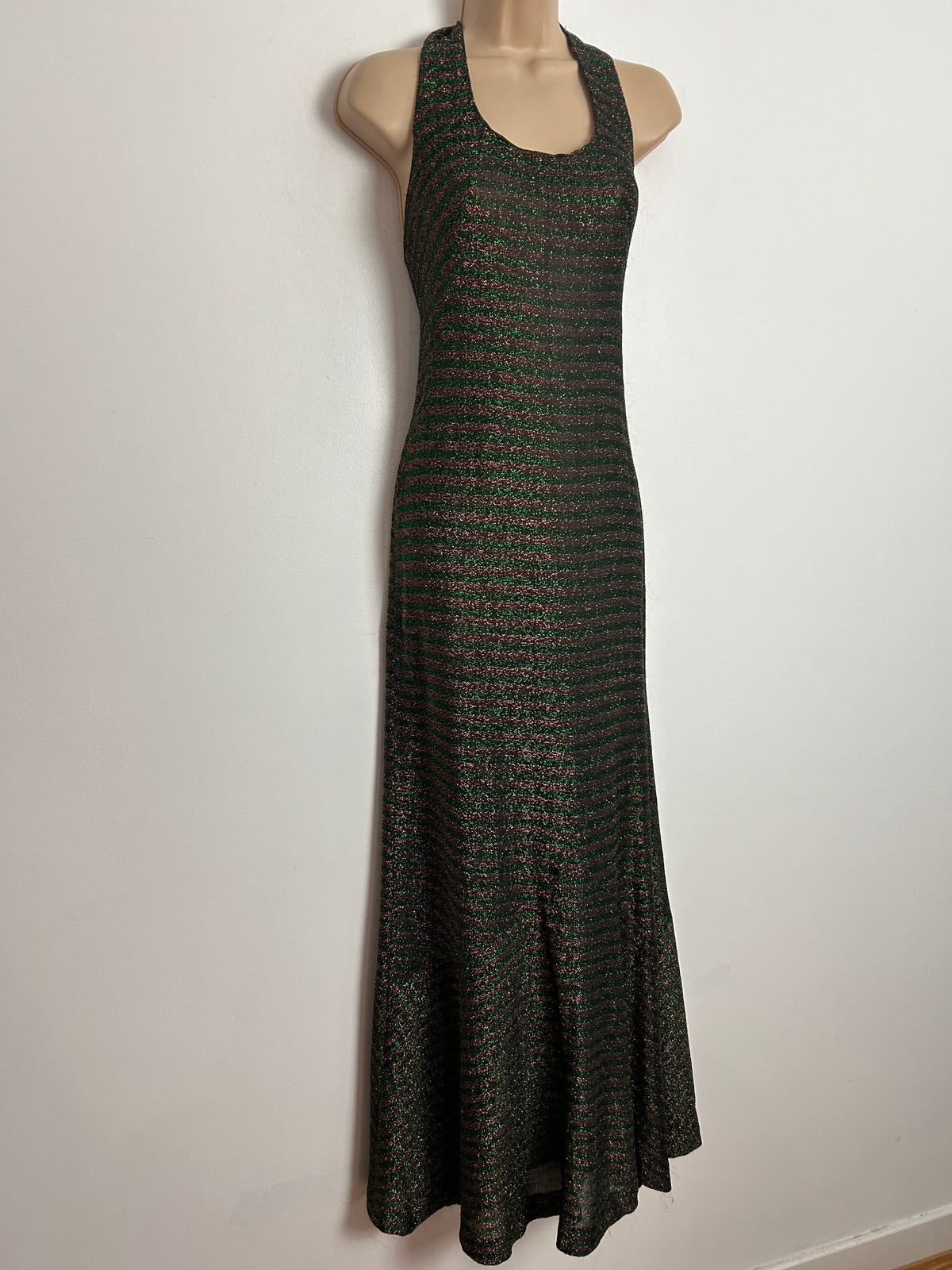 Vintage Late 1960s ARISTOS OF LONDON CARNABY ST UK Size 6 Black Bronze & Green Lurex Stripe Halterneck Occasion Maxi Dress
