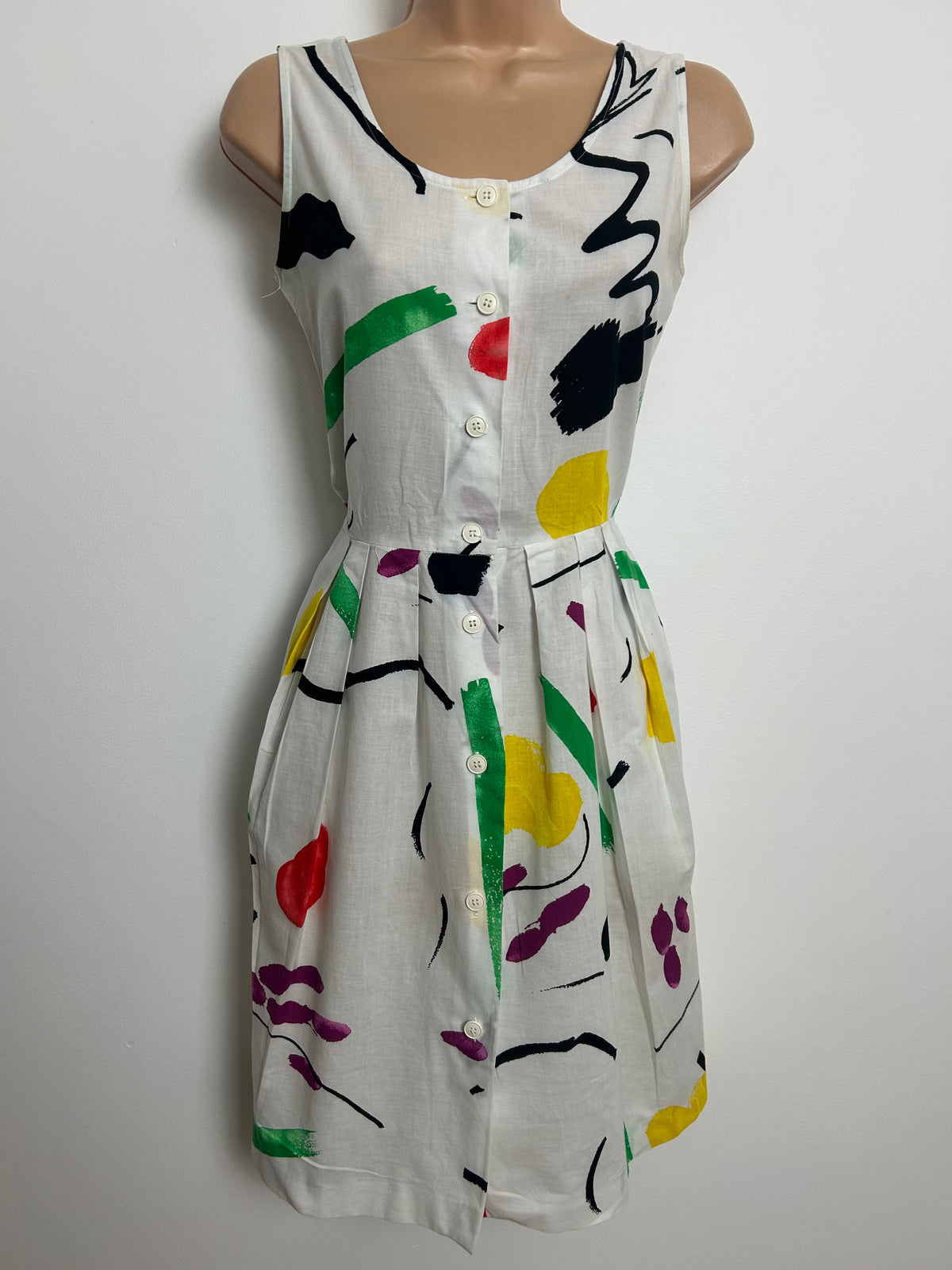 Vintage 1980s CACHAREL Size 8 White Multicolour Abstract Print Pleated Cotton Summer Dress