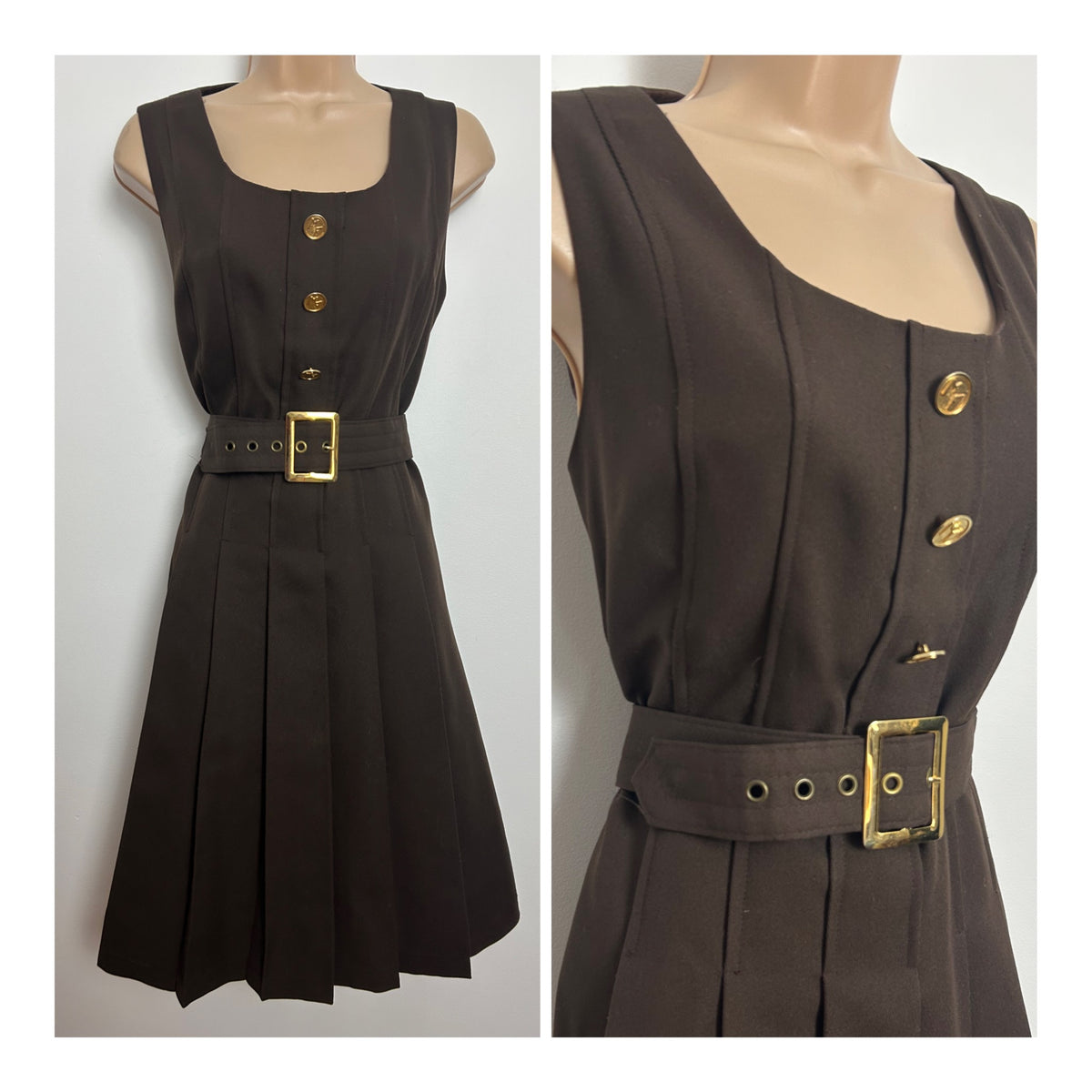 Vintage 1970s Size 12 Brown Pleated Belted Gold Button Detail Mod Day Dress