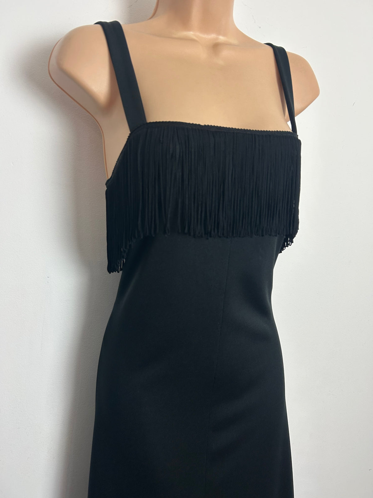 Vintage 1970s Size 8 Black Fringe Tassel Detail Evening Maxi Dress