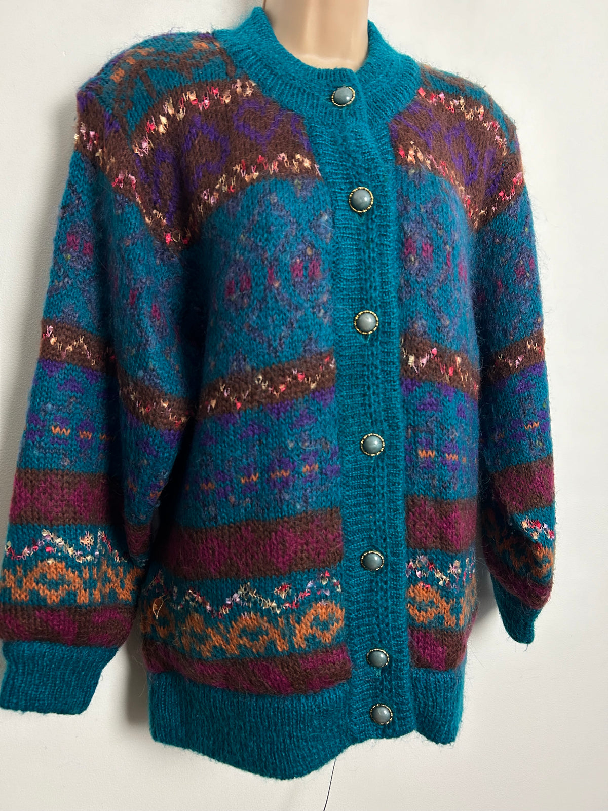Vintage 1980s Size Large Teal Pattern Mohair & Wool Mix Cardigan