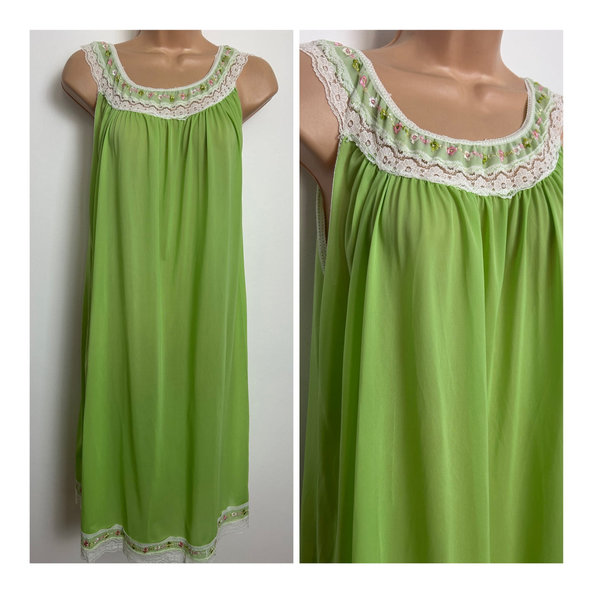 Vintage 1970s Size 10-12 Lime Green Lace & Embroidered Detailing Slip Style Nightie