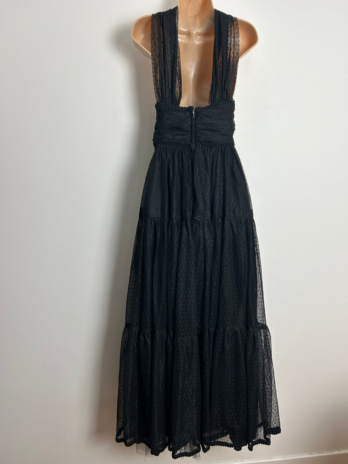 Vintage 1980s AFTER SIX BY RONALD JOYCE UK Size 6-8 Black Polka Dot Net Halter Neck Party Prom Special Occasion Ballgown