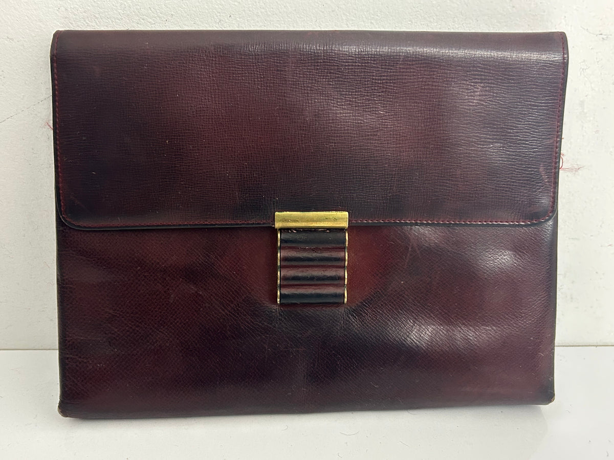 Vintage 1940s Dark Reddish Brown Real Leather Clutch Handbag With Hand Strap