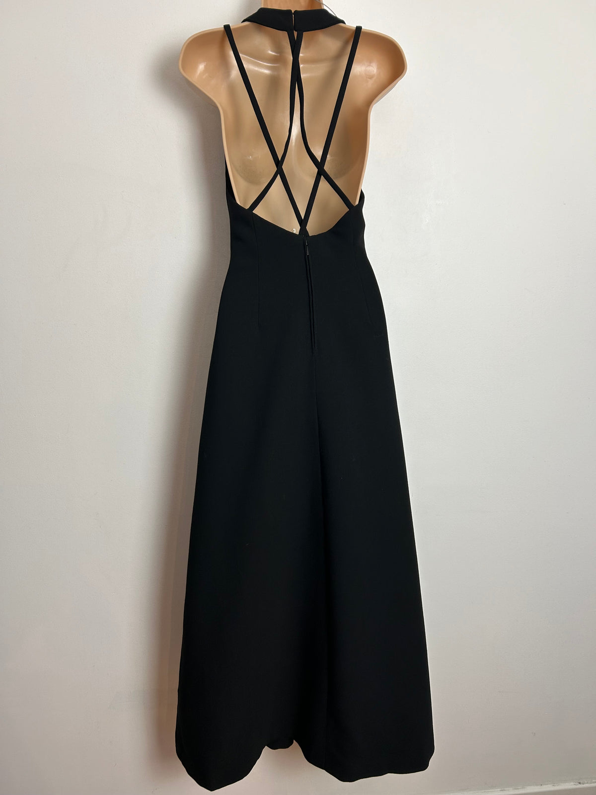 Vintage Early 1970s HASSO UK Size 10 Black Wool Mix Cage Back Occasion Evening Maxi Dress
