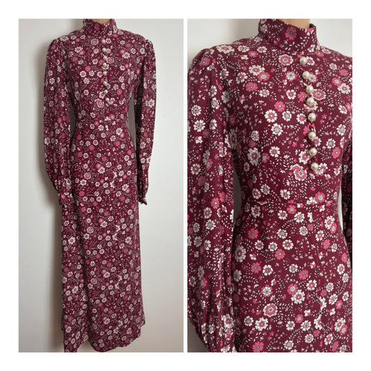 Vintage Early 1970s Size 10 Dark Pink Floral Print Brushed Cotton Long Sleeve Prairie Maxi Dress