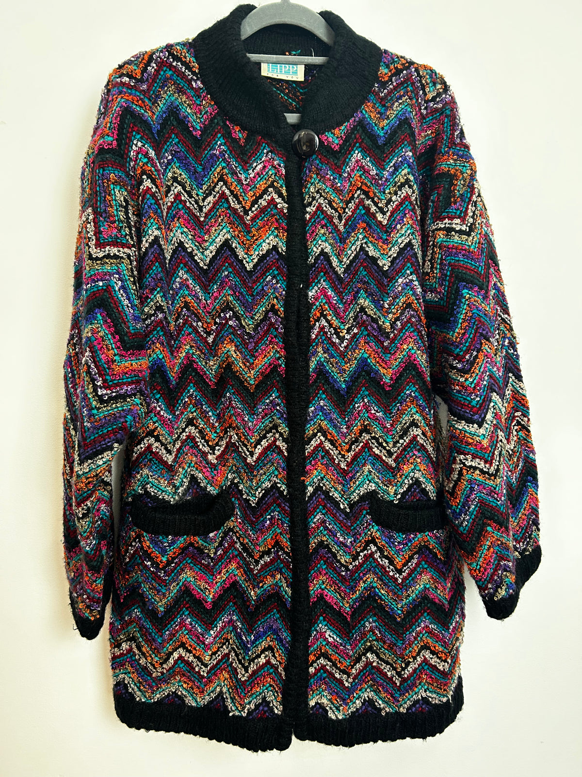 Vintage 1980s Up To Size 16 Black Multicolour Loop Yarn Chunky Knit Slouchy Cardigan