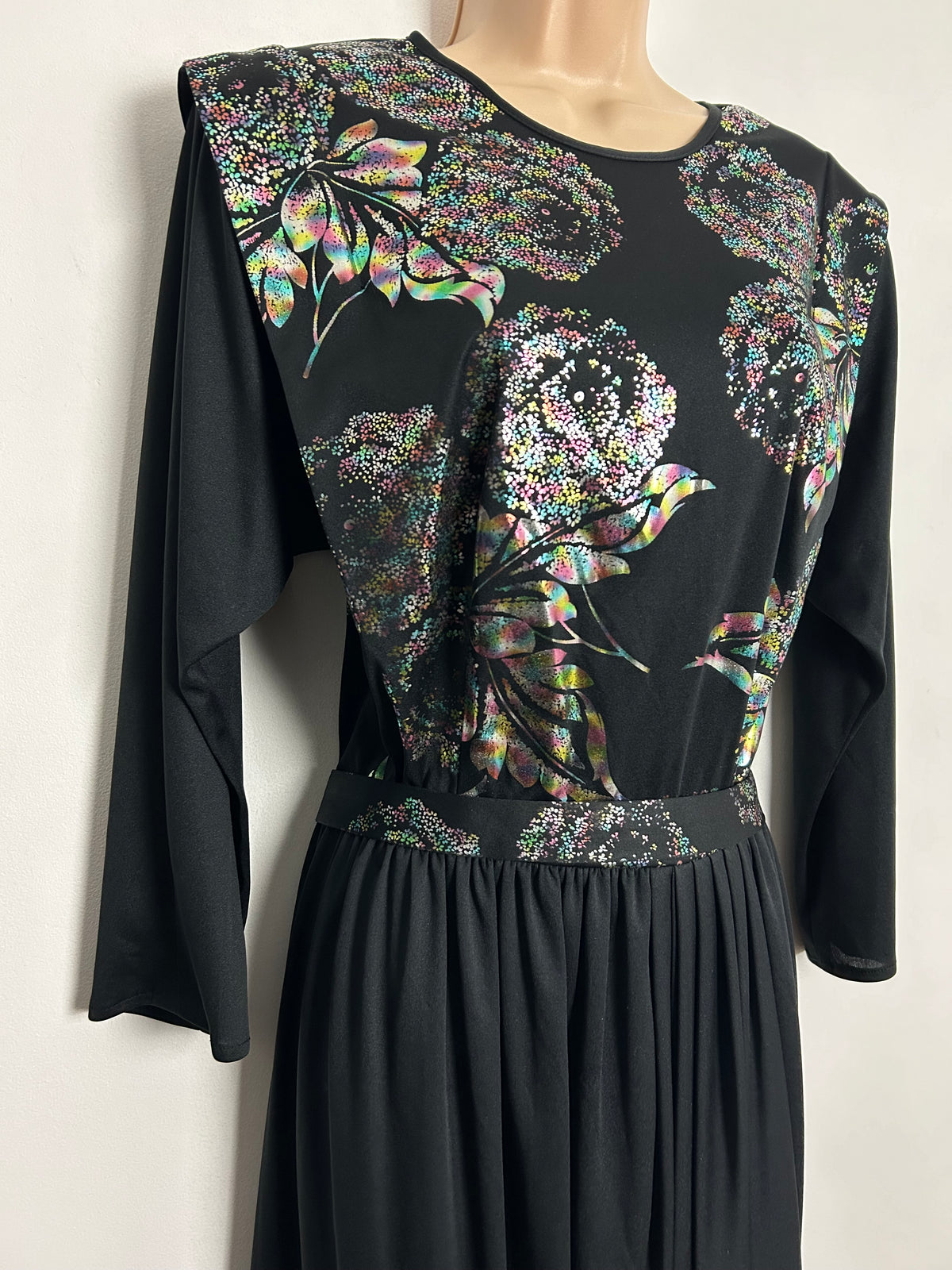 Vintage 1980s UK Size 10 Black & Metallic Silver Blue & Pink Floral Pattern Long Sleeve Belted Evening Dress