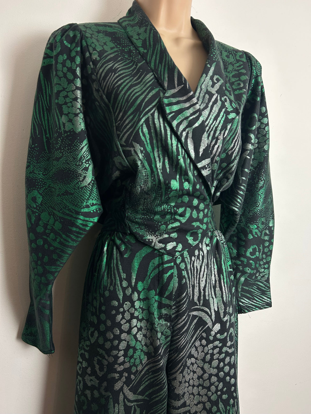 Vintage 1980s Size 10 Black & Green Iridescent Animal Print Bat Wing Wrap Bodice Jumpsuit
