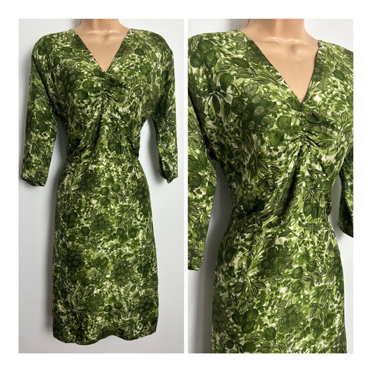 Vintage Late 1950s Size 6-8 Green Tones Floral Print Wiggle Dress