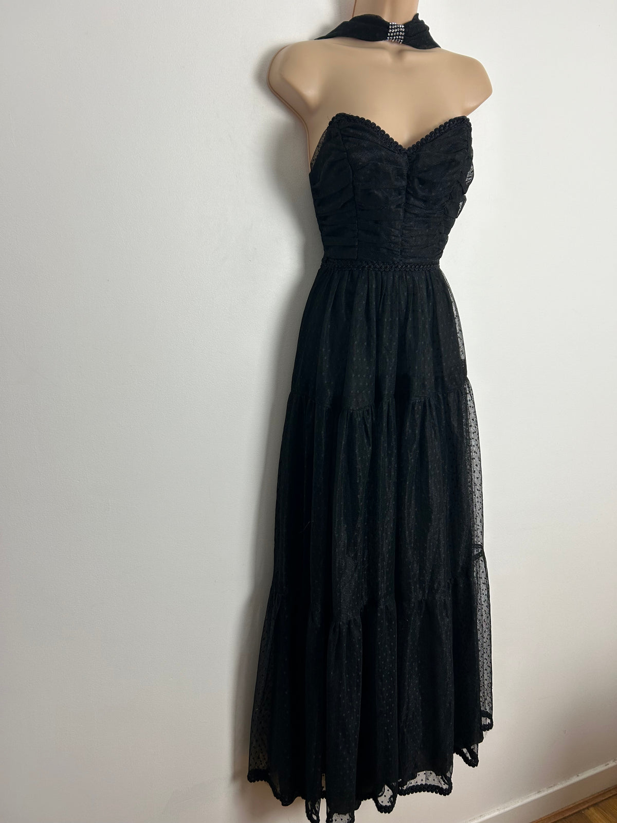 Vintage 1980s AFTER SIX BY RONALD JOYCE UK Size 6-8 Black Polka Dot Net Halter Neck Party Prom Special Occasion Ballgown