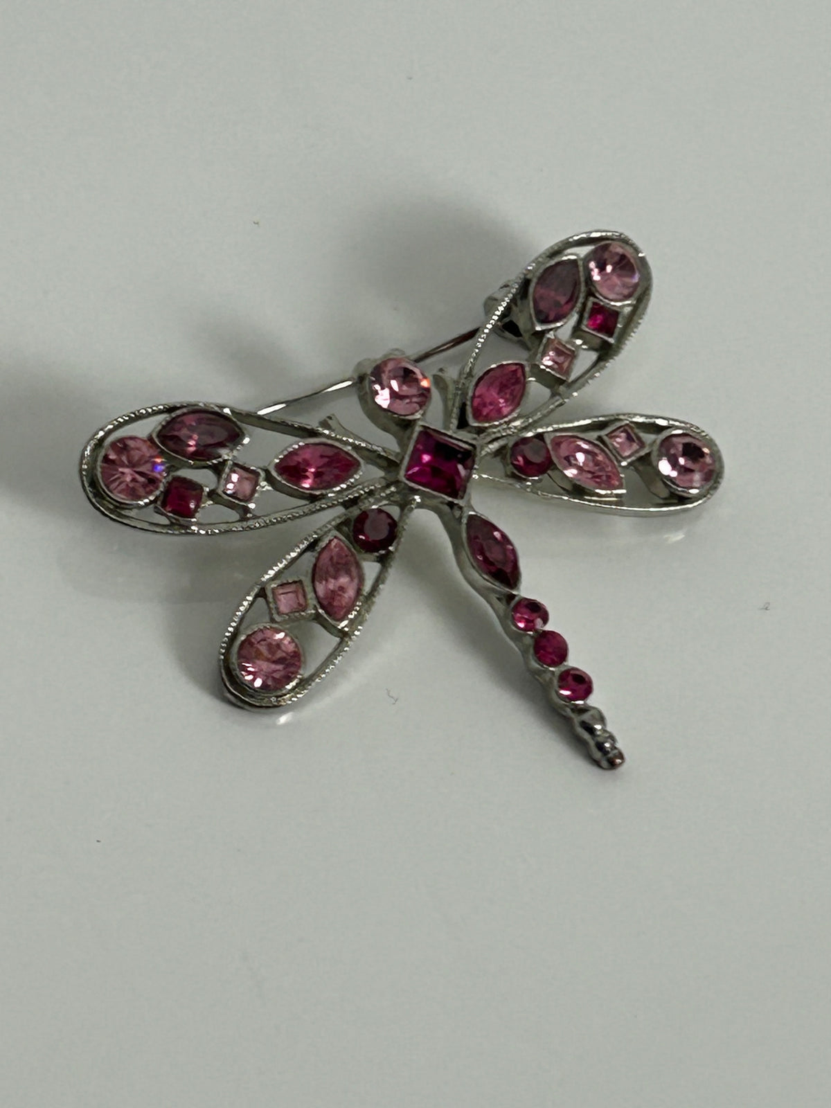 Vintage 1980s Silver Tone & Pink Diamante Rhinestone Dragonfly Brooch