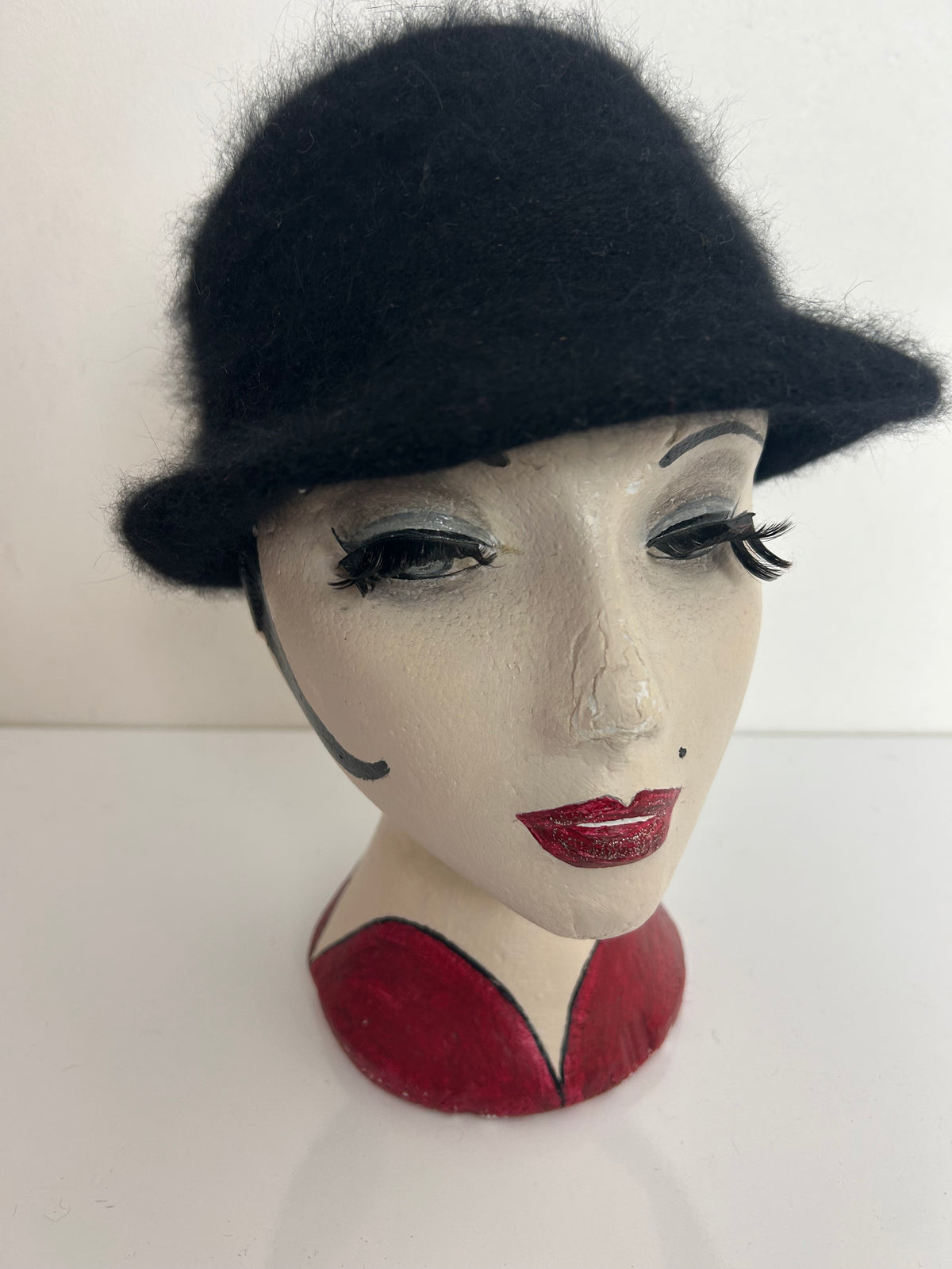 Vintage Italian Black Angora & Wool Mix Small Peaked Hat