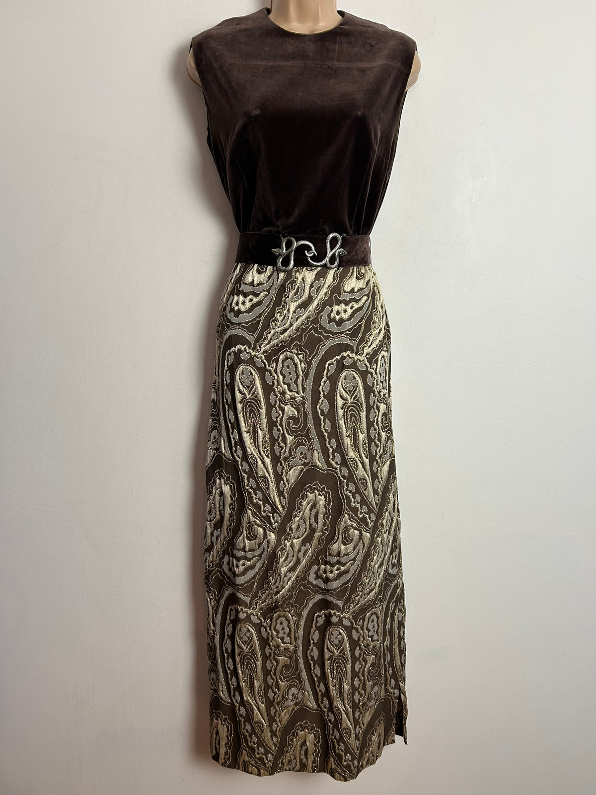 Vintage 1970s UK Size 10-12 Brown Gold & Silver Velvet & Brocade Belted Evening Maxi Dress