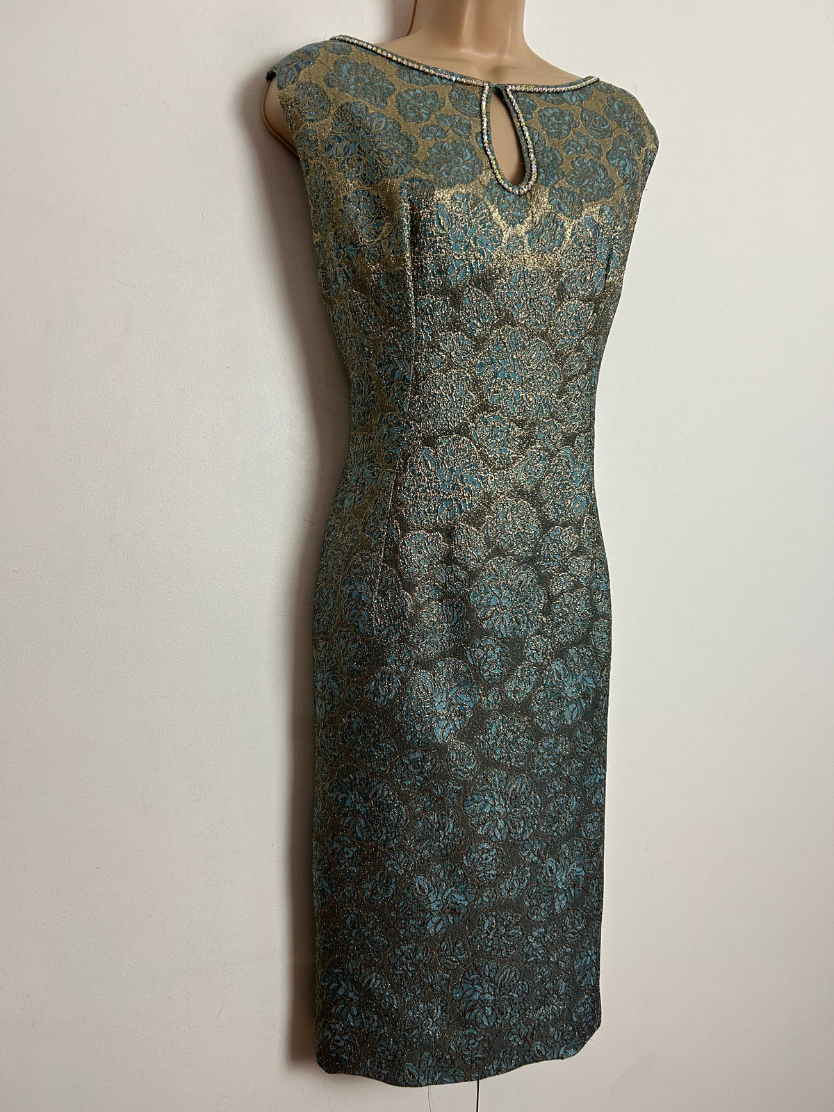 Vintage 1960s UK Size 14 Gold & Blue Lurex Brocade Diamante Embellished Party Mod Shift Dress