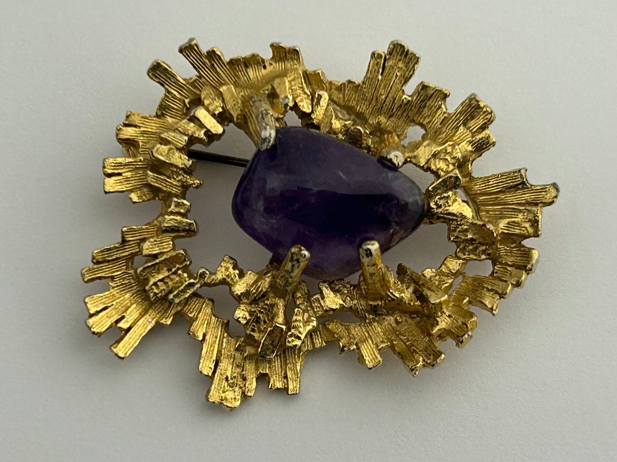 Vintage HOLLYWOOD Signed Gold Tone Brutalist Purple Glass Stone Set Brooch