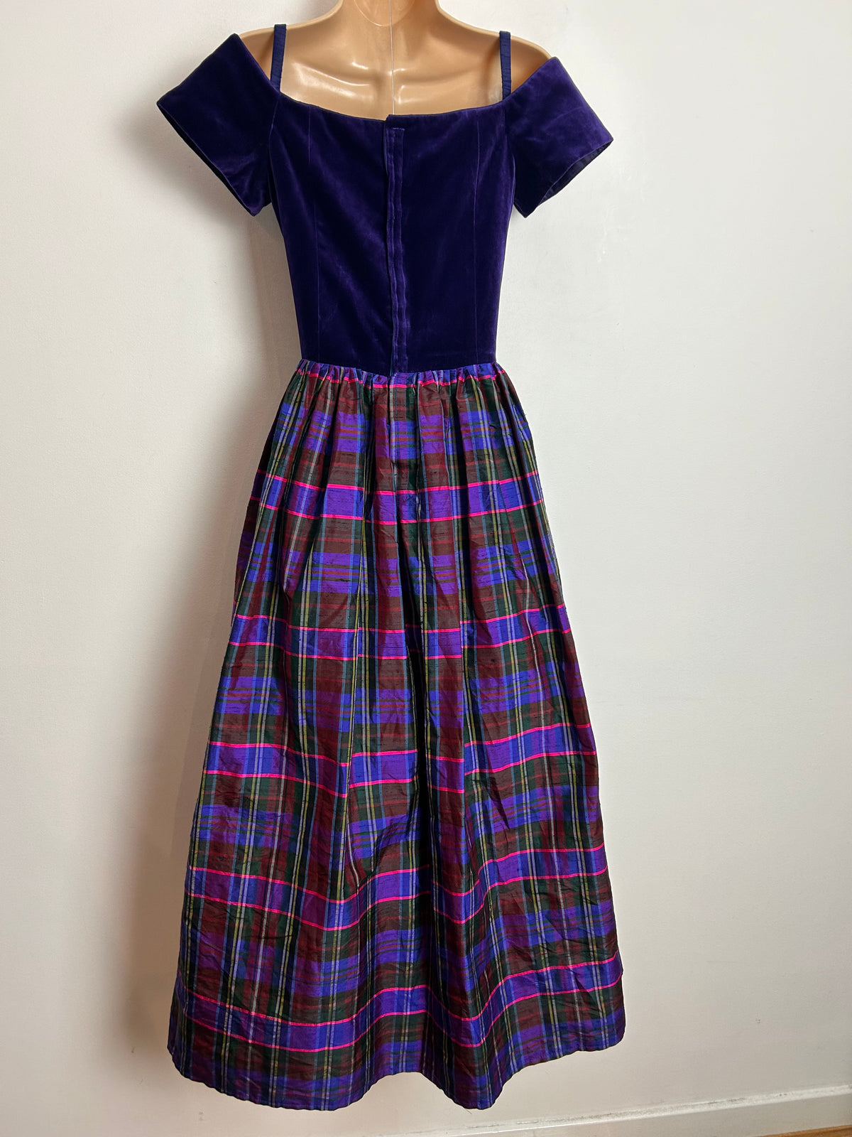 Vintage 1980s MARION DONALDSON UK Size 6 Purple Velvet & Pure Silk Tartan Check Party Prom Evening Dress