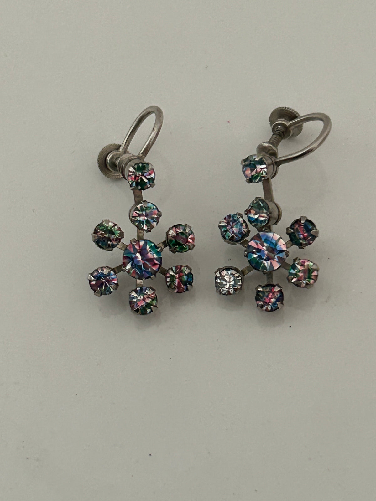 Vintage 1950s Silver Tone Rainbow Iris Glass Screw Back Flower Dangle Earrings