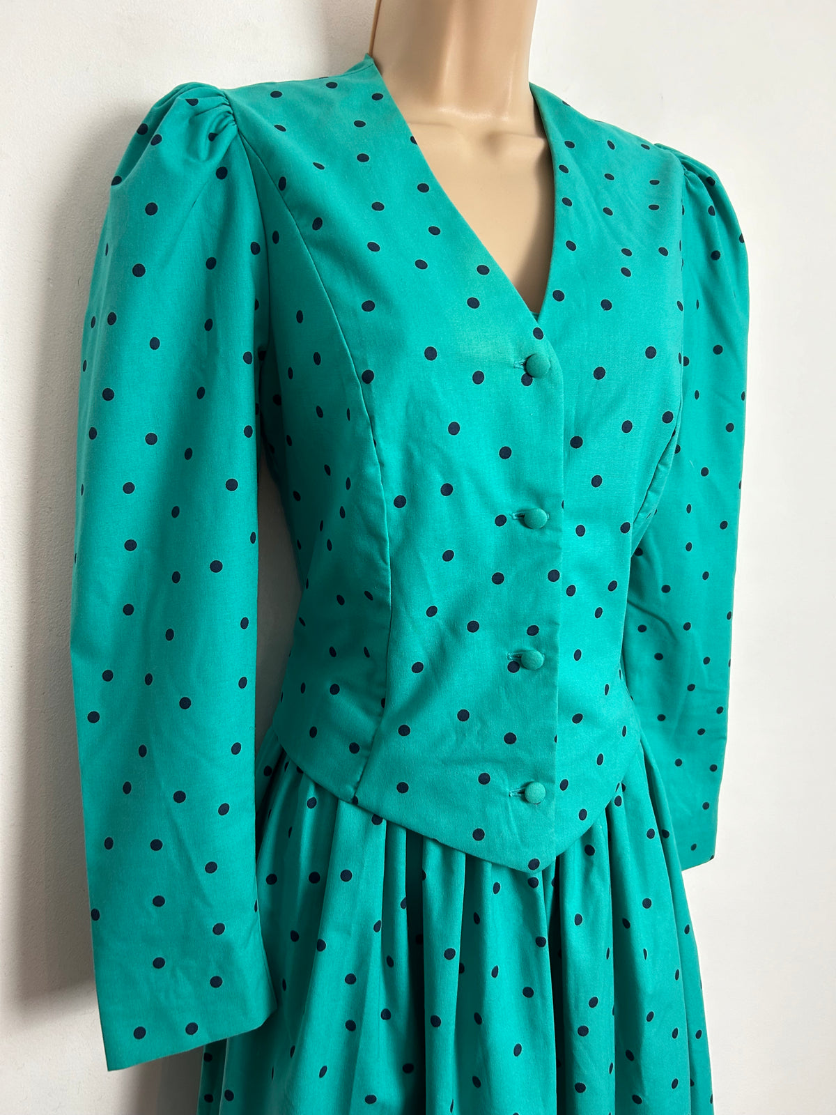 Vintage 80s LAURA ASHLEY UK Size 6-8 (Size 10 On Label) Green & Black Polka Dot Print Cotton Dress & Matching Bolero Jacket