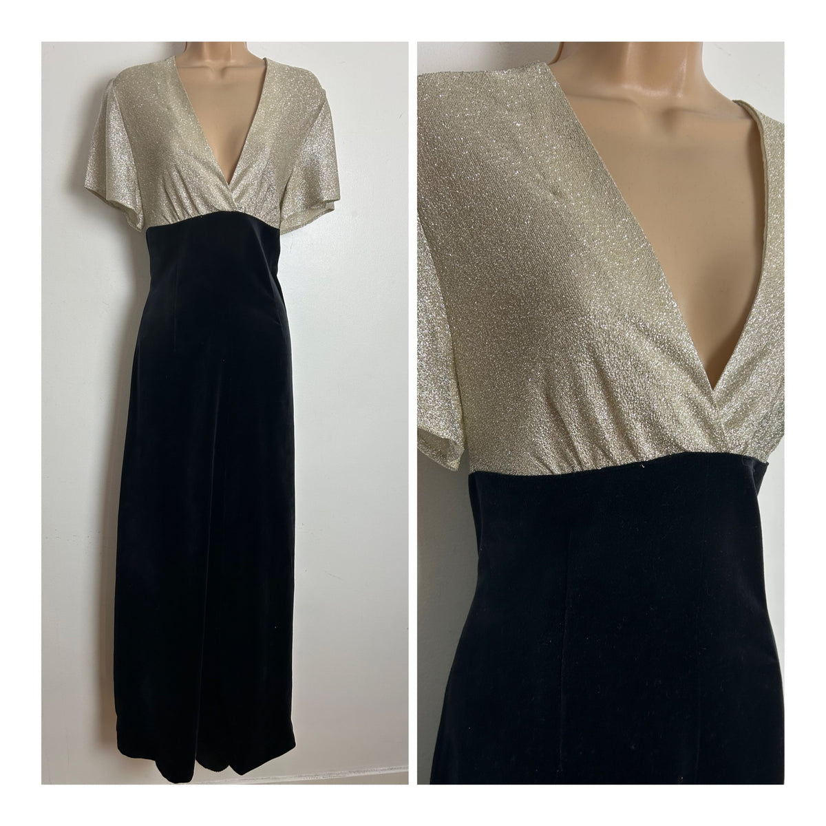 Vintage Late 1960s Size 10 Black Velvet & Pale Gold Lurex Evening Occasion Maxi Dress