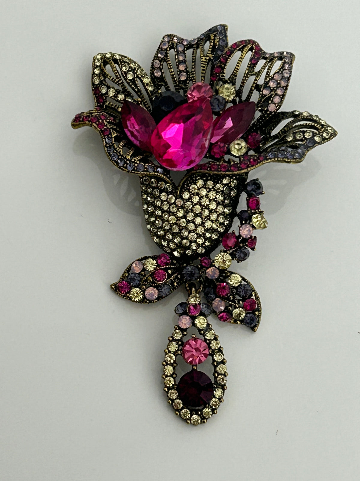 Vintage Large Dark Gold Pink & Clear Diamante & Jewel Set Flower Brooch Or Pendant