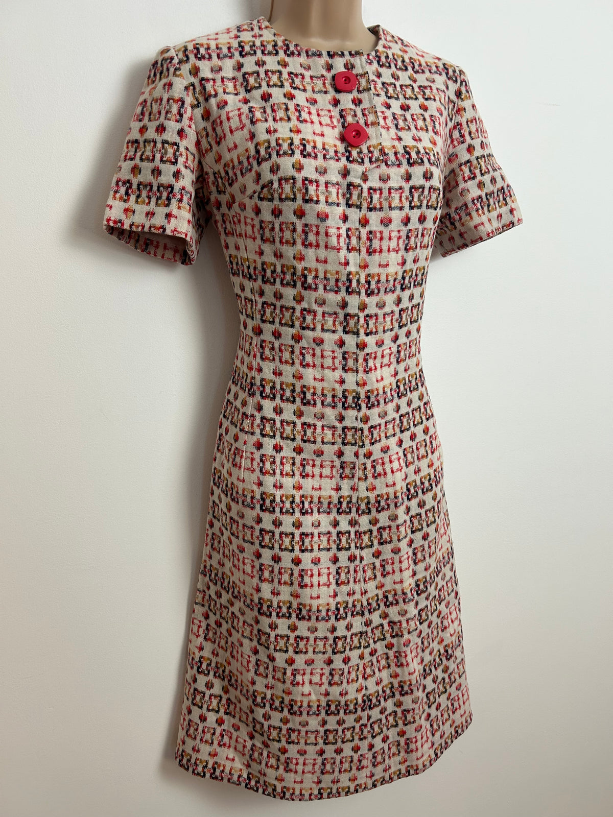 Vintage 1960s UK 8-10 Cream Red & Mustard Abstract Geo Print Short Sleeve Mod Shift Dress